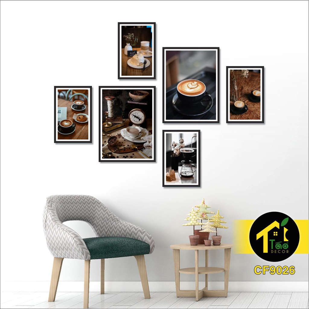Bộ 6 tranh treo tường, tranh dán tường trang trí quán cà phê siêu nét, tranh decor có sẵn keo mặt sau, Táo Decor