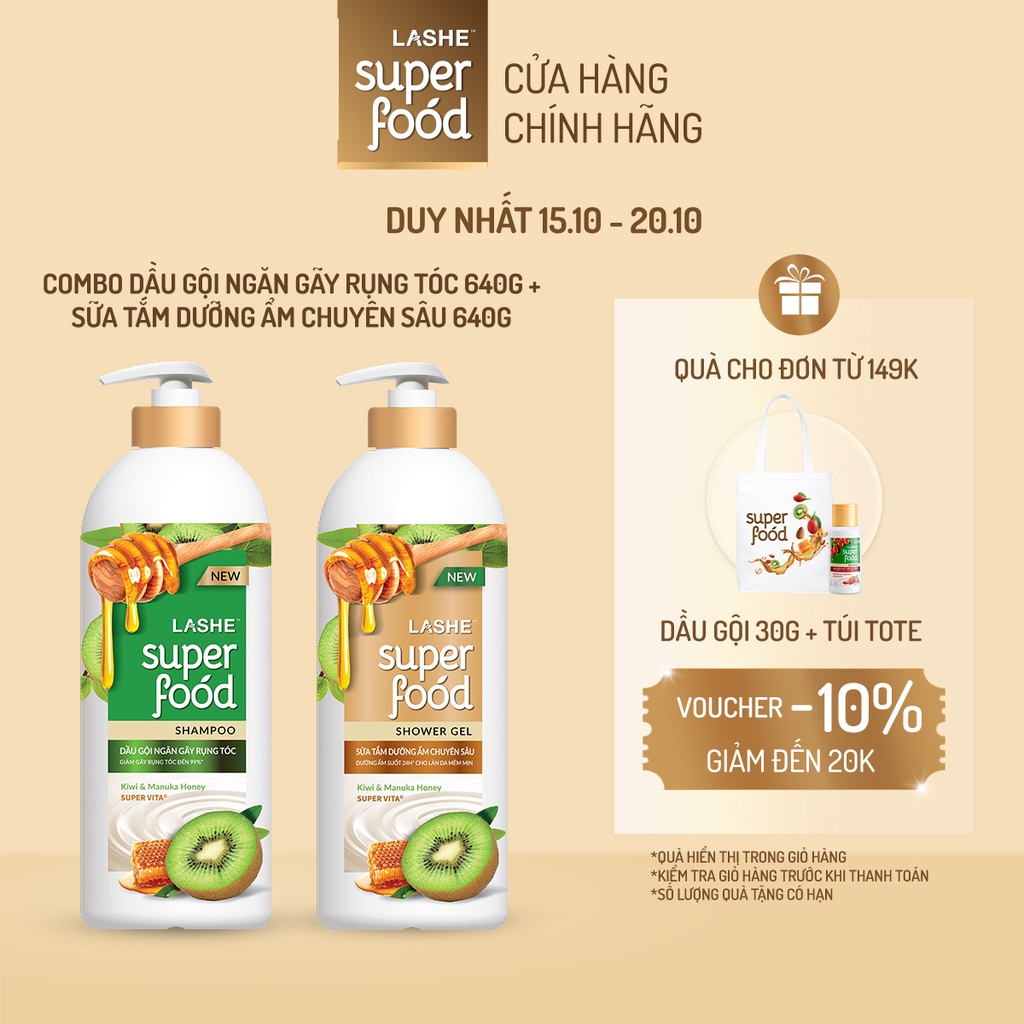 Combo Dầu gội LASHE SUPERFOOD ngăn gãy rụng tóc 640G + Sữa tắm dưỡng ẩm chuyên sâu 640G