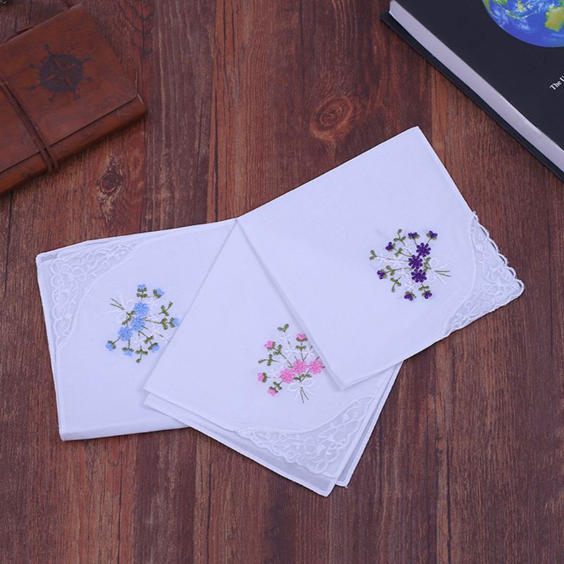 Bộ 5 Khăn Tay Cotton 11x11 Inch Thêu Họa Tiết Hoa Và Bướm Cho Nữ