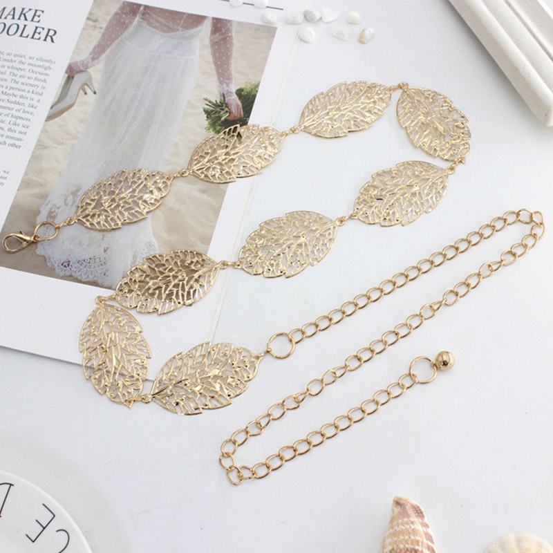 Thắt Lưng Dây Xích Hình Chiếc Lá Bằng Kim Loại Màu Vàng / Bạc Thời Trang Sang Trọng Cho Nữ