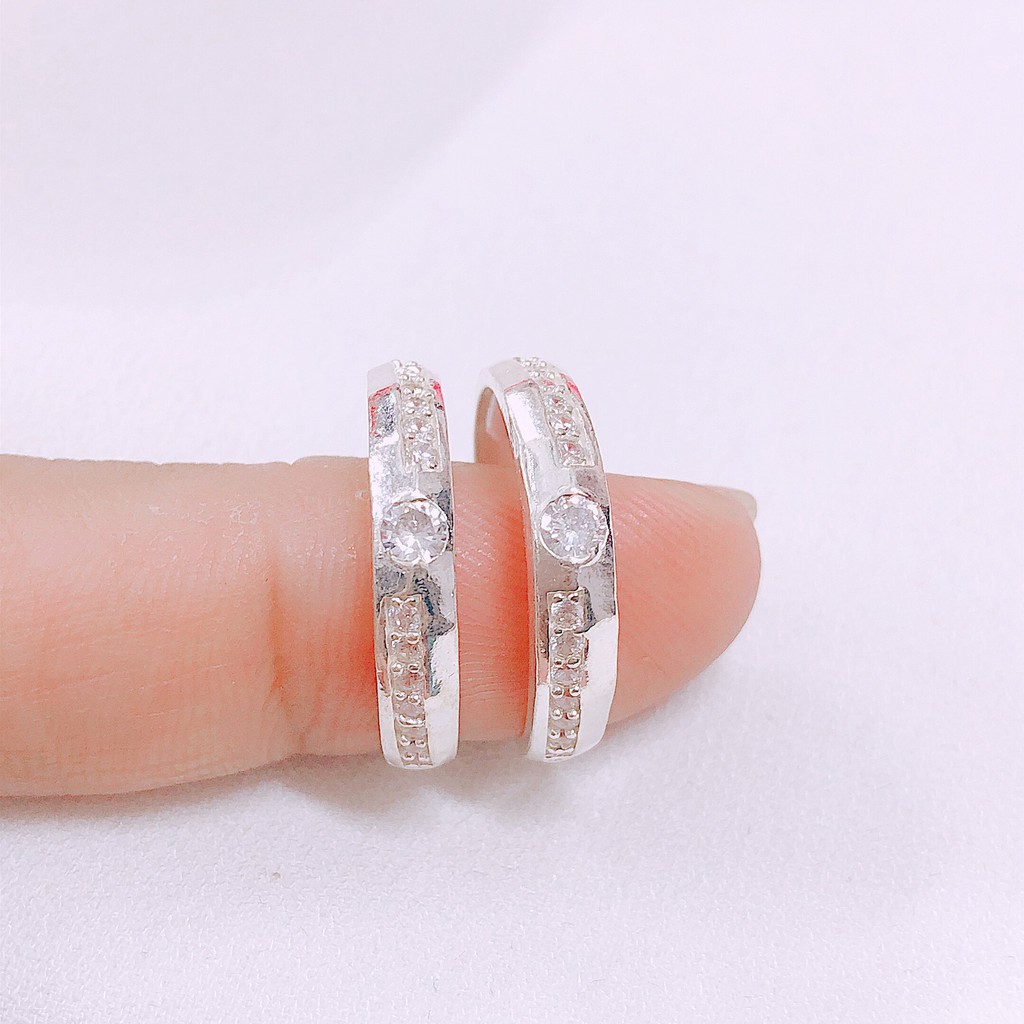 Nhẫn đôi bạc ta nhẫn cặp gắn đá 2 hàng so le kiểu dáng mới siêu đẹp - bạc Bibi