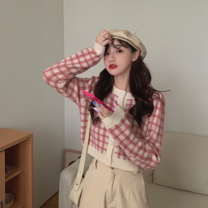 Áo Khoác Cardigan Dệt Kim Cổ Tròn Sọc Caro Phong Cách Hàn Quốc Thời Trang Mùa Thu Cho Nữ