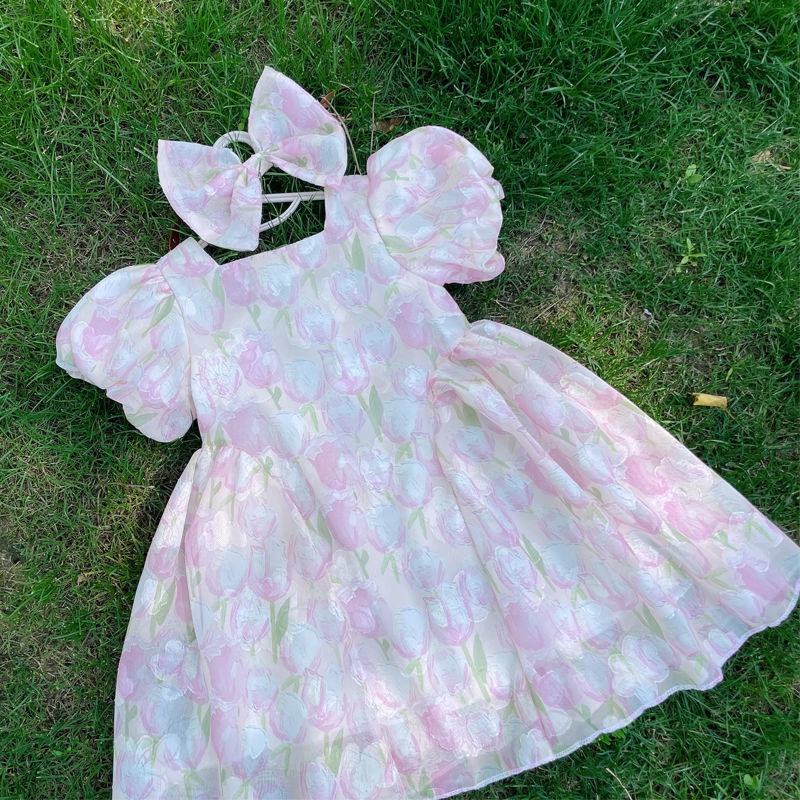 Đầm Công Chúa Mùa Hè Tay Cộc In Họa Tiết Hoa Hợp Thời Trang Phong Cách Hàn Quốc Cho Bé Gái