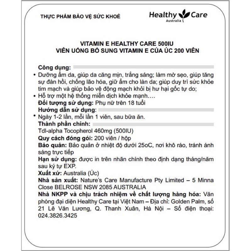 (Date 02/2025) Viên uống vitamin E Healthy Care 200 viên Úc