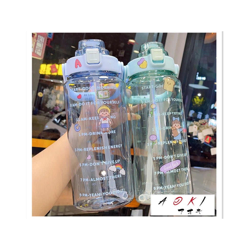 Bình Nước 2 lít Có Vạch Nhắc nhở Thân Bình Trong Suốt Siêu Sang Dễ Thương  TẶNG KÈM STICKER 2D+3D
