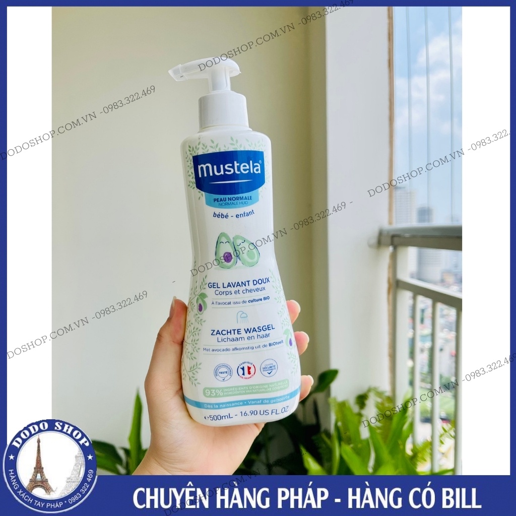 Sữa tắm gội Mustela Pháp 500ml 2in1, dành cho bé từ sơ sinh, giúp dưỡng chăm sóc và bảo vệ da bé.