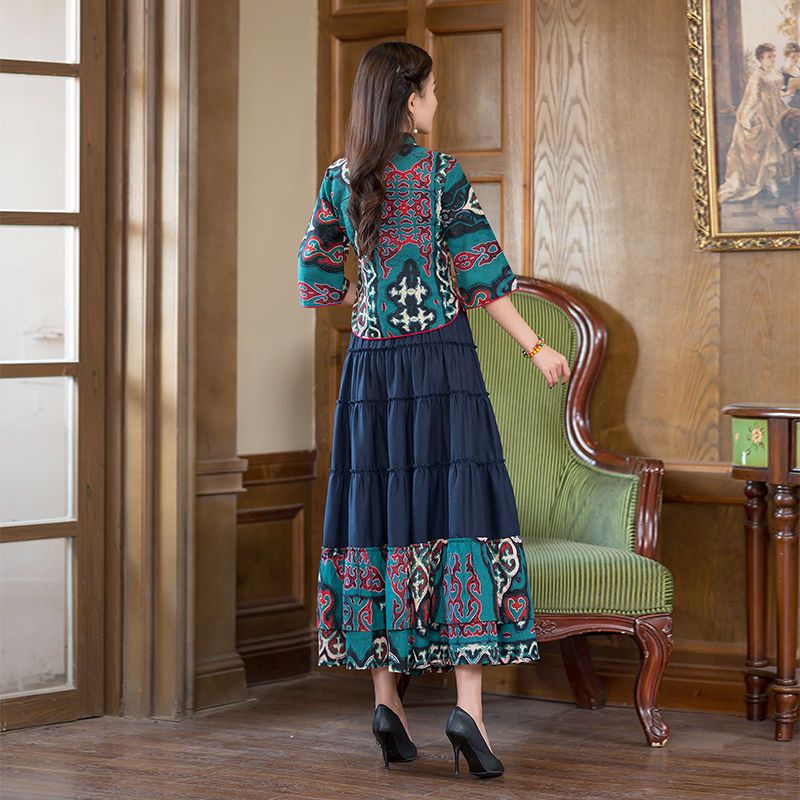 Set Áo Sườn Xám Cách Tân Và Chân Váy Họa Tiết Thổ Cẩm Thời Trang Cho Nữ