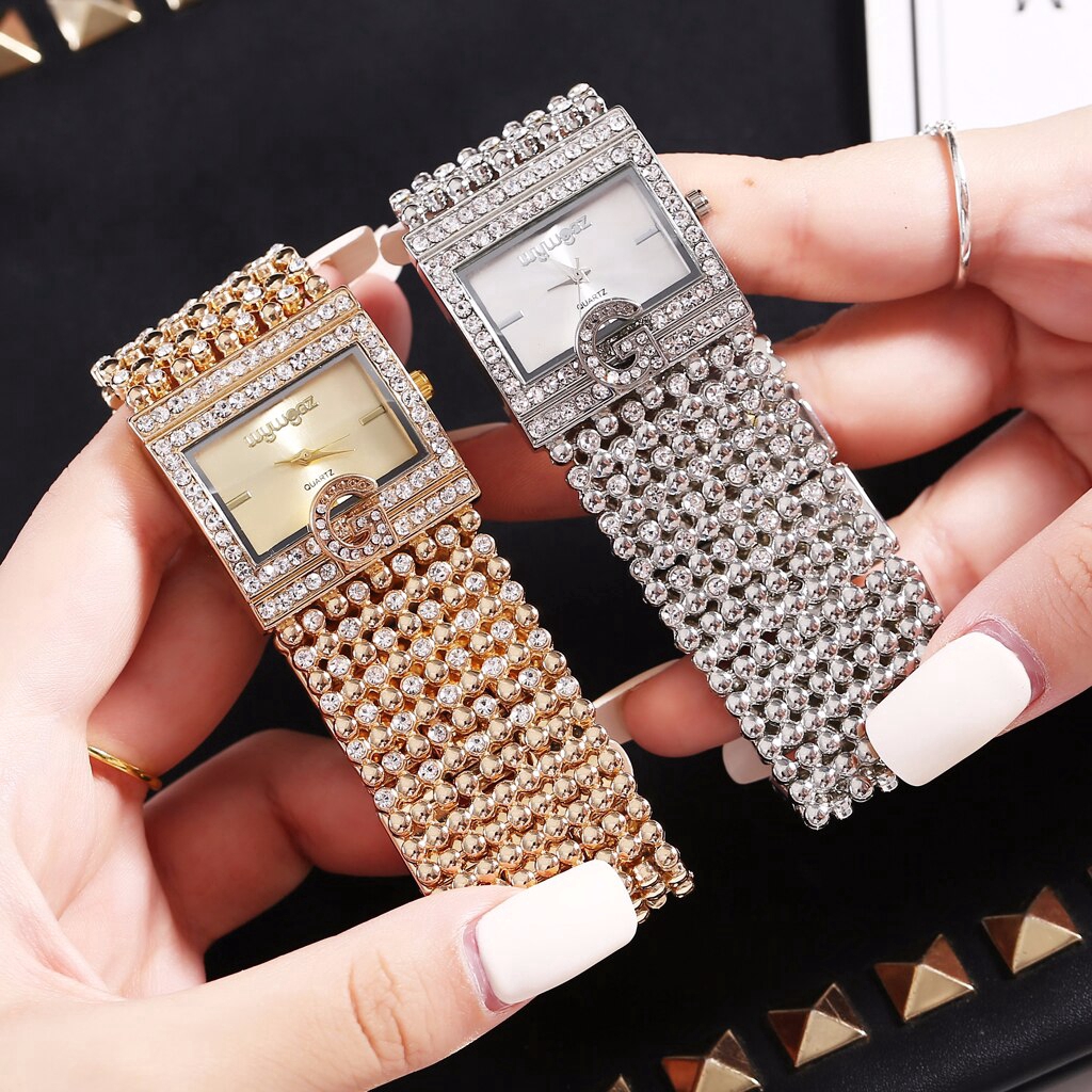 Đồng hồ đeo tay bộ máy thạch anh mặt dáng vuông đính đá lấp lánh dây đeo thép không gỉ sang trọng thời trang cho nữ