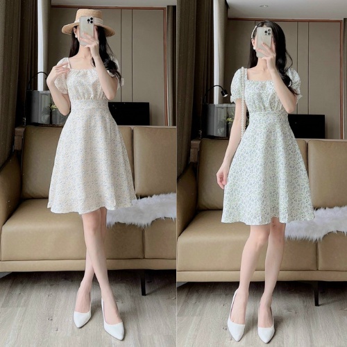 Váy hoa nhí đi làm, đi biển, đi chơi sang chảnh, đầm nữ công sở ngắn tay V4_Deloga