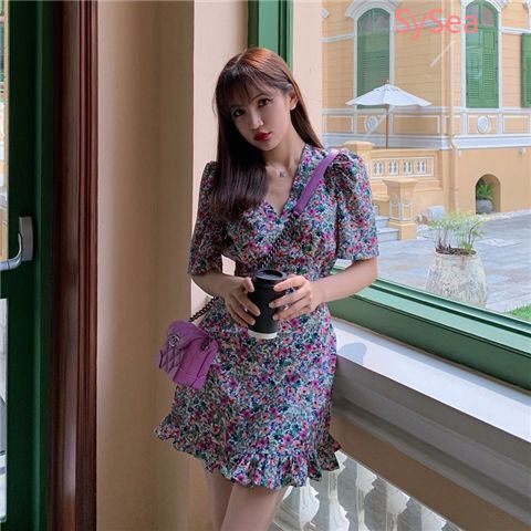 Đầm Voan Hoa Cổ V Phong Cách Hàn Quốc Cho Nữ