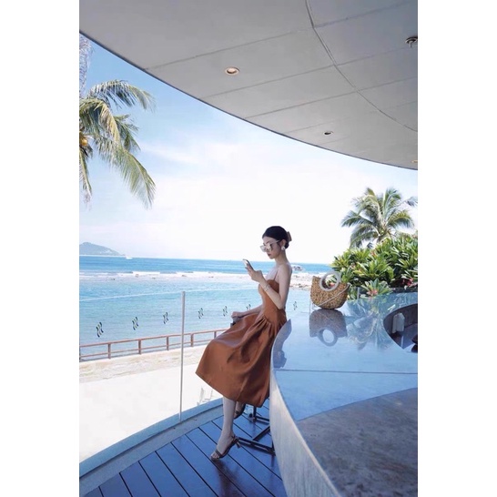 Tiara✨váy hai dây nâu tây có túi phong cách Pháp kèm áo khoác bịt tay