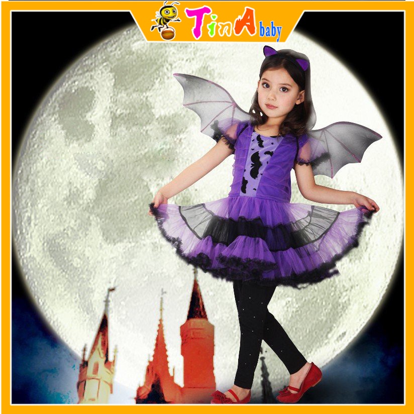 Váy hóa trang người dơi Purple Bat Girl đồ hóa trang Halloween xinh xắn cho bé gái E1082