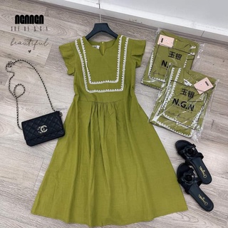 Váy đầm xanh cốm, phối ren cổ v ngn