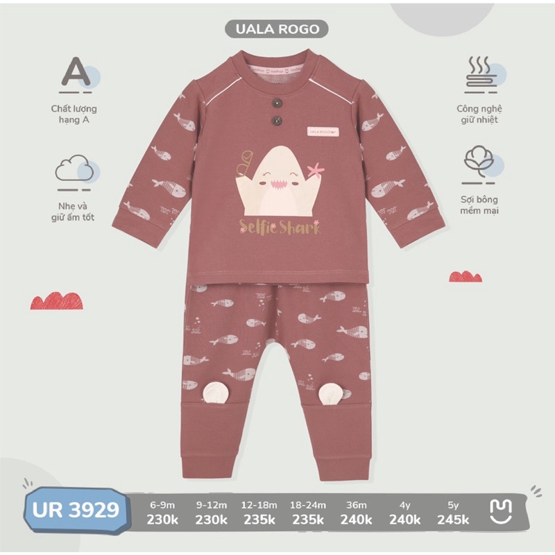 Bộ quần áo nỉ cài vai hoạ tiết cá Baby Shark UalaRogo