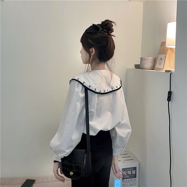 [Ảnh thật] Áo sơ mi cổ bèo xếp li ngực cách điệu họa tiết cổ áo ulzzang