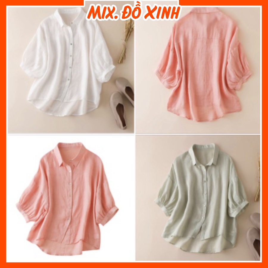 Áo sơ mi đũi nữ tay lỡ cổ đức form rộng bigsize Thu Hà chất liệu vải mềm mát SMH.38