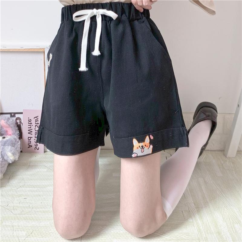 Quần Short Ống Rộng Lưng Thun Co Giãn Thêu Hình Chú Chó Shiba Dễ Thương Thời Trang Mùa Hè Cho Nữ