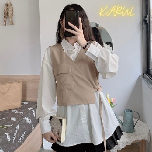 Set áo sơ mi  nữ trắng + yếm vai lệch , Set áo váy form dài cùng yếm đai lệch vạt 2 màu đen, be