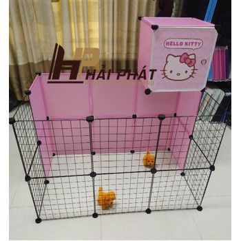 Chuồng chó mèo lắp ghép tiện lợi chắc chắn (10 tấm lưới đen + 15 tấm nhựa màu hồng +1 cửa nhựa hình 
