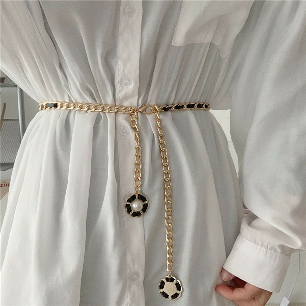 Thắt lưng dây xích phối da PU mặt hình hoa thời trang gothic cá tính cho nữ