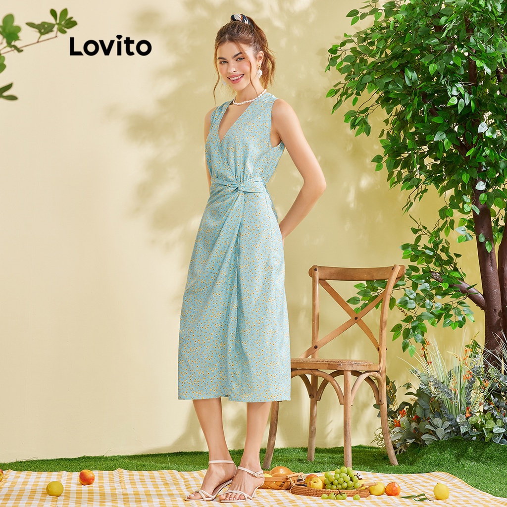 Đầm LOVITO Free Nature cổ chữ V họa tiết hoa thời trang thường ngày L28EE027 (màu xanh dương)