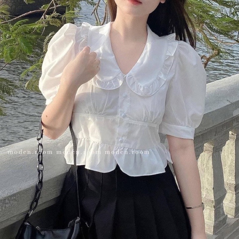 Áo Sơ Mi Nữ Cộc Tay Tiểu Thư Cổ Tròn Thiết Kế Phong Cách Nhẹ Nhàng Thanh Lịch_087