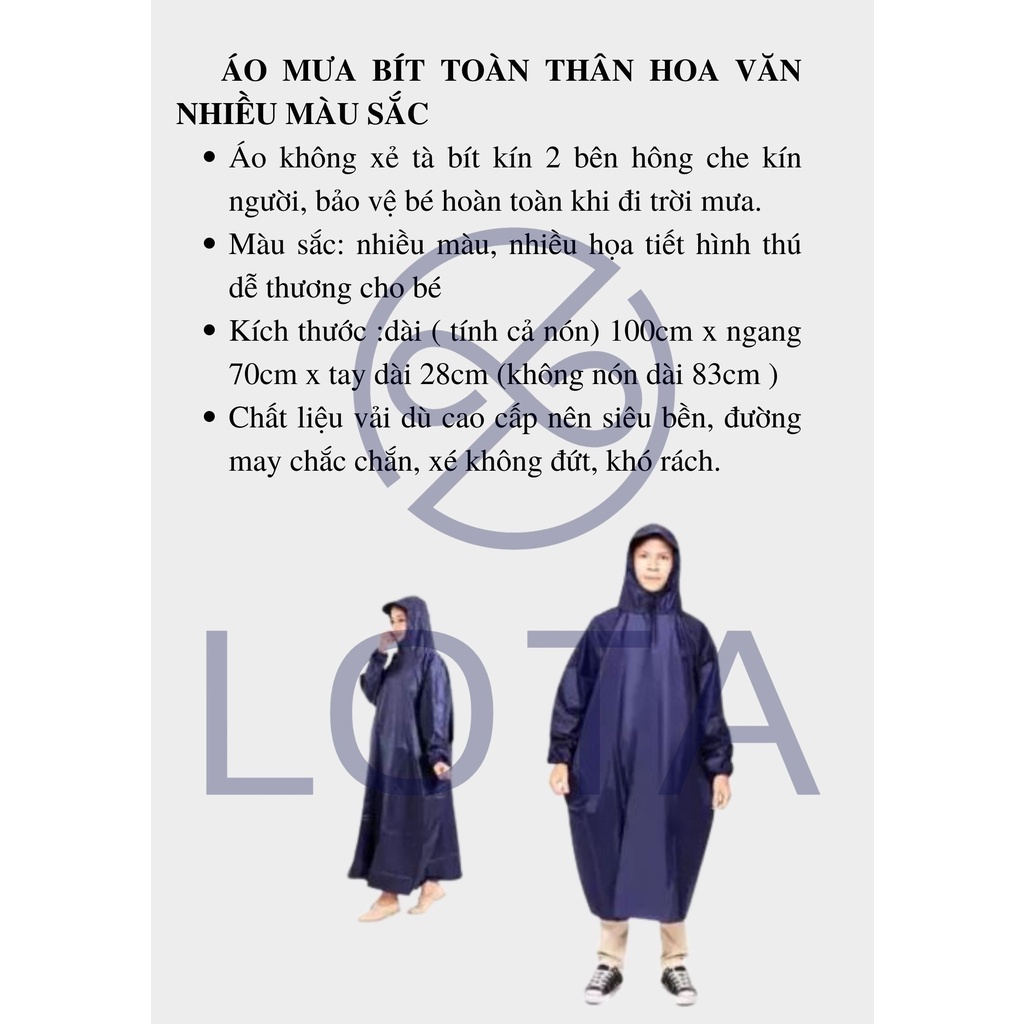 ÁO MƯA KHÔNG XẺ TÀ, BÍT KÍN TOÀN THÂN KHÔNG LO BỊ ƯỚT, 1 mảnh ko xẻ tà, dễ mặc, raincoat 1 người, cho nam nữ, rain wear
