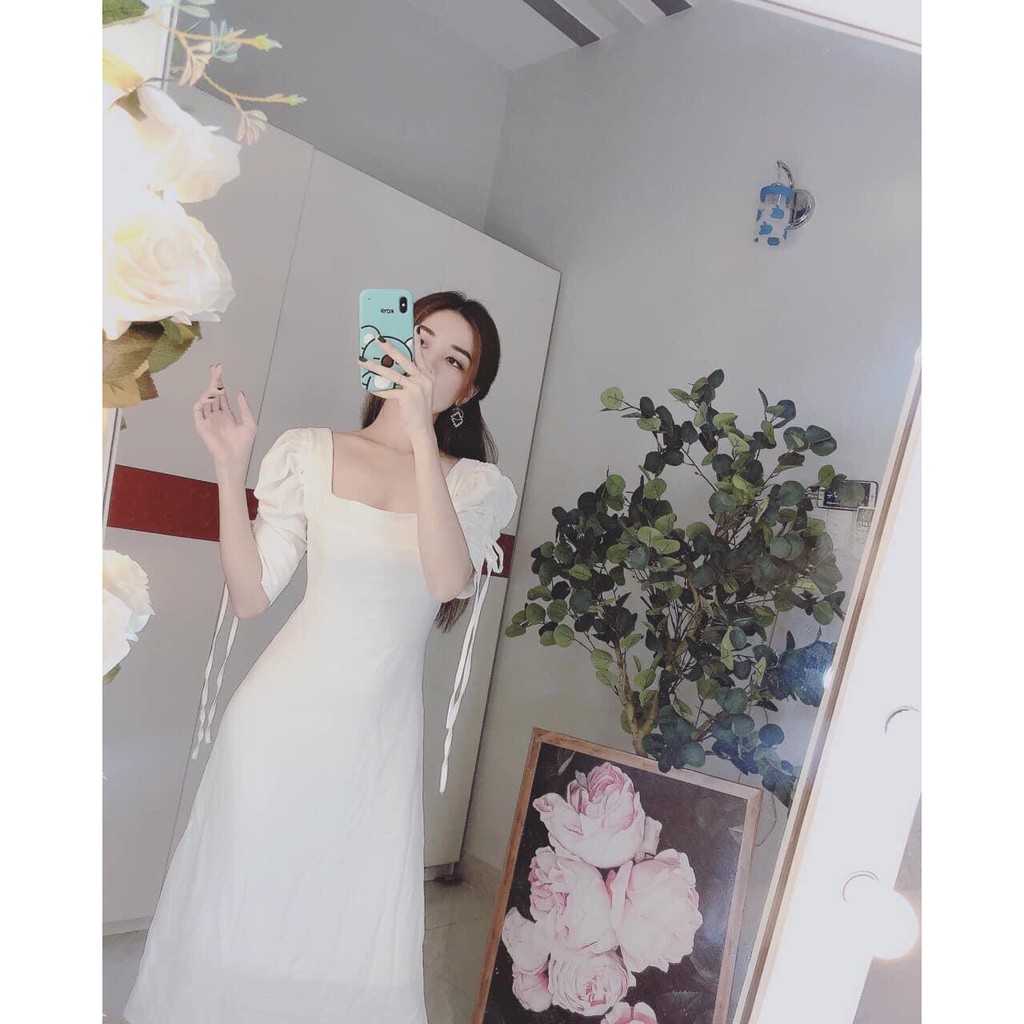 VÁY CỔ VUÔNG TAY BỒNG RÂY DÚT DÁNG XÒE | BigBuy360 - bigbuy360.vn