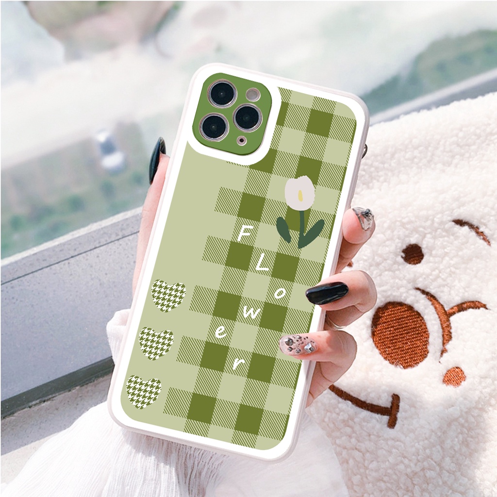 Ốp iphone cạnh vuông bo viền caro hoa xanh cho 11/11pro/11promax/6/7/8/plus/splus/x/xr/xsmax/12 pro max/13 pro max-g18