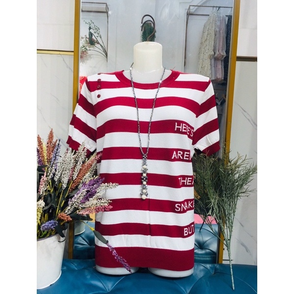 Áo Len Mongtoghi Nữ Tay Ngắn Hoạ Tiết Sọc Ngang Hàng Quảng Châu Free Size 50_70Kg