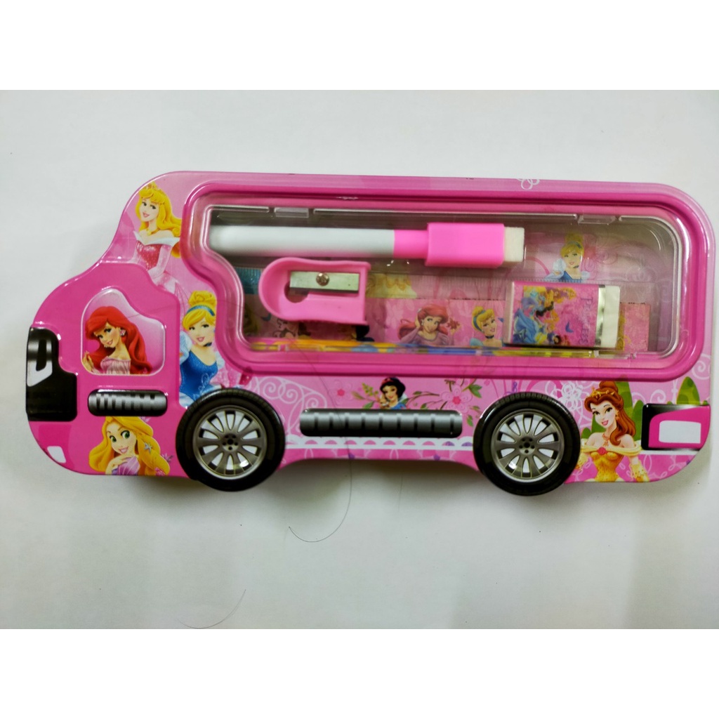 Hộp bút sắt hình ô tô 2 ngăn in hình Doreamon,siêu nhân,người nhện xe hơi,elsa,công chúa,chuột mickey