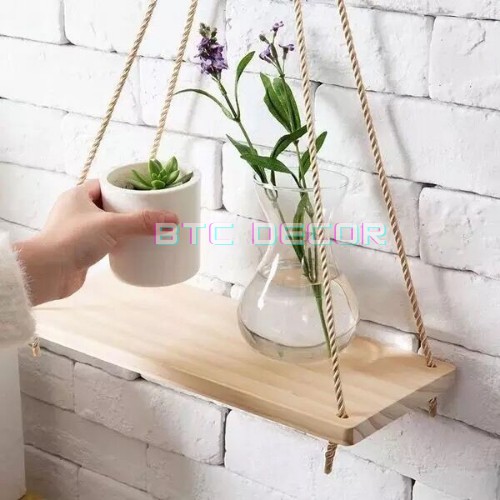 Kệ Gỗ Thông Treo Tường Dây Thừng BTC DECOR Phong Cách Hàn Quốc - Chống mối mọt, chịu lực tốt - Bảo Hành 12 Tháng