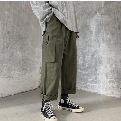 Quần Cargo kaki ống rộng lưng thun túi hộp có nút gài phong cách Nhật Bản cho nam nữ vải kaki cotton dày,dễ phối đồ