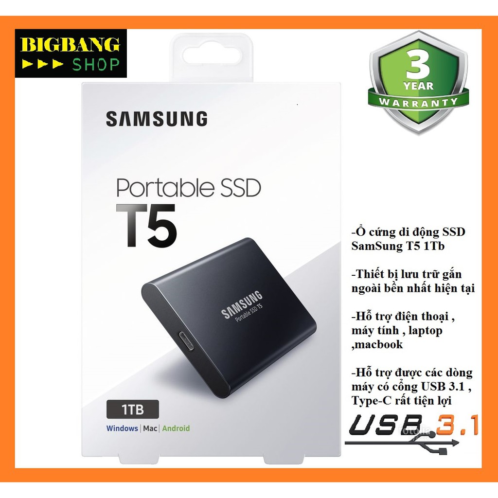 Ổ cứng di động SSD Samsung T5 1TB USB 3.1 Cáp Type-c