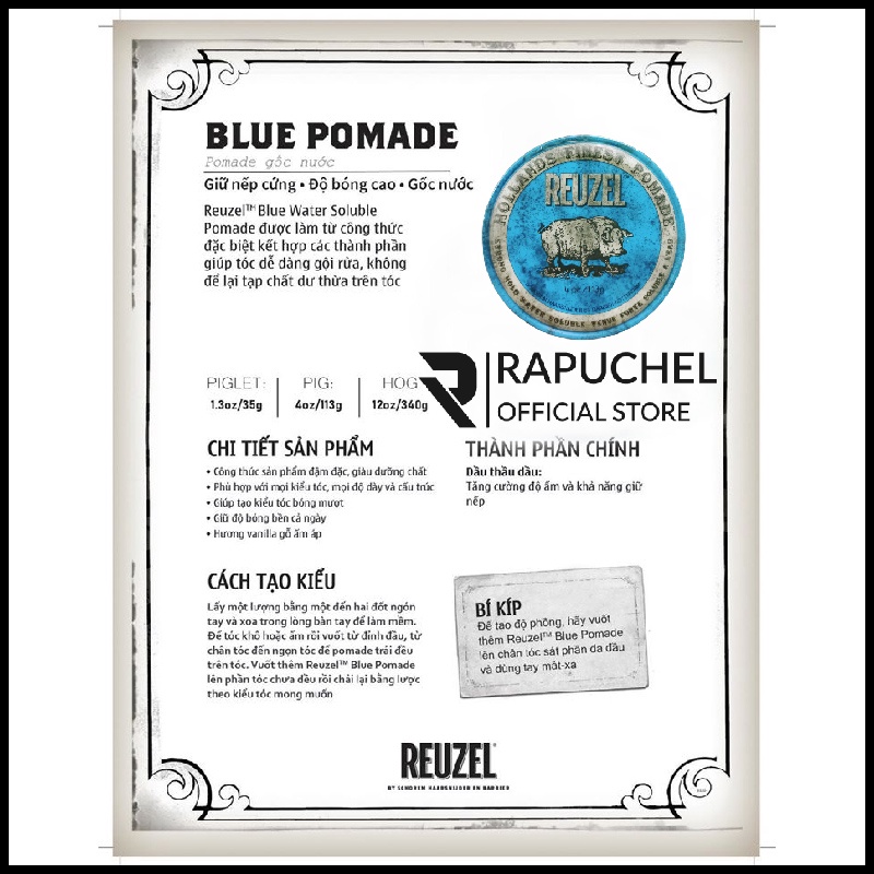 Sáp vuốt tóc nam Reuzel Blue chính hãng thơm giữ nếp Rapuchel Store RX01