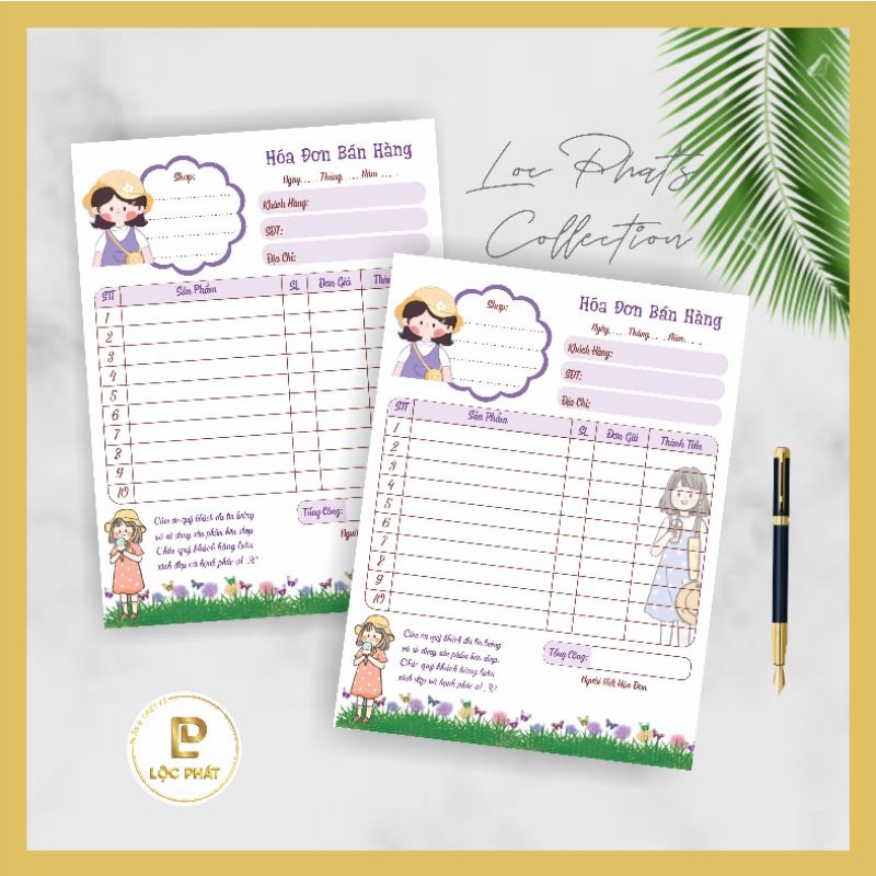 50 tờ Hoá đơn bán hàng siêu sinh cô gái váy tím size 15 x 20 cm