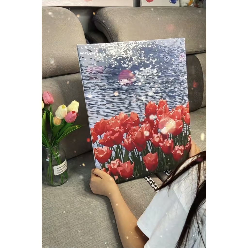Tranh Tô Vườn Hoa Tulip Khung 40x50 | Hoa Tươi Mát | Trang Trí | Giảm stress