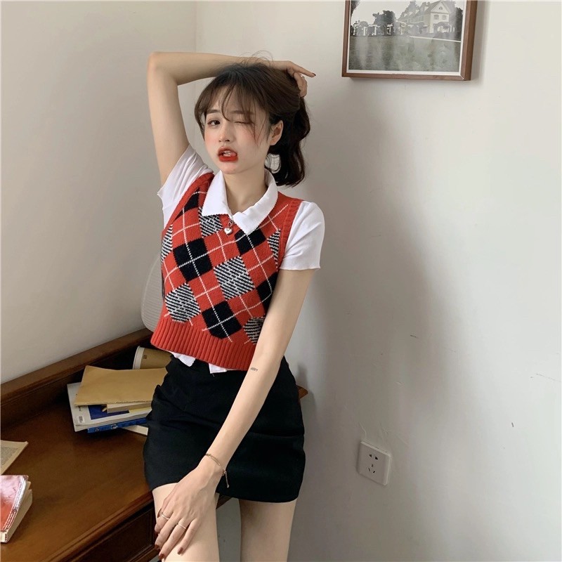 Sẵn Áo len dệt kim sọc hình thoi màu sắc