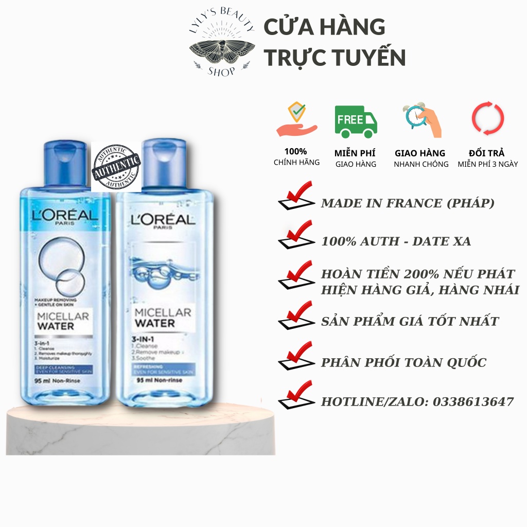 Nước tẩy trang Loreal 3 in 1 Paris Micellar Water 95ml , Toner không cồn cho mọi loại da đặc biệt là da dầu mụn nhạy cảm