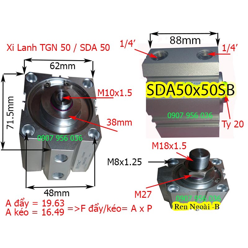 Xy lanh khí SDA 50/ 63 x 50-SB