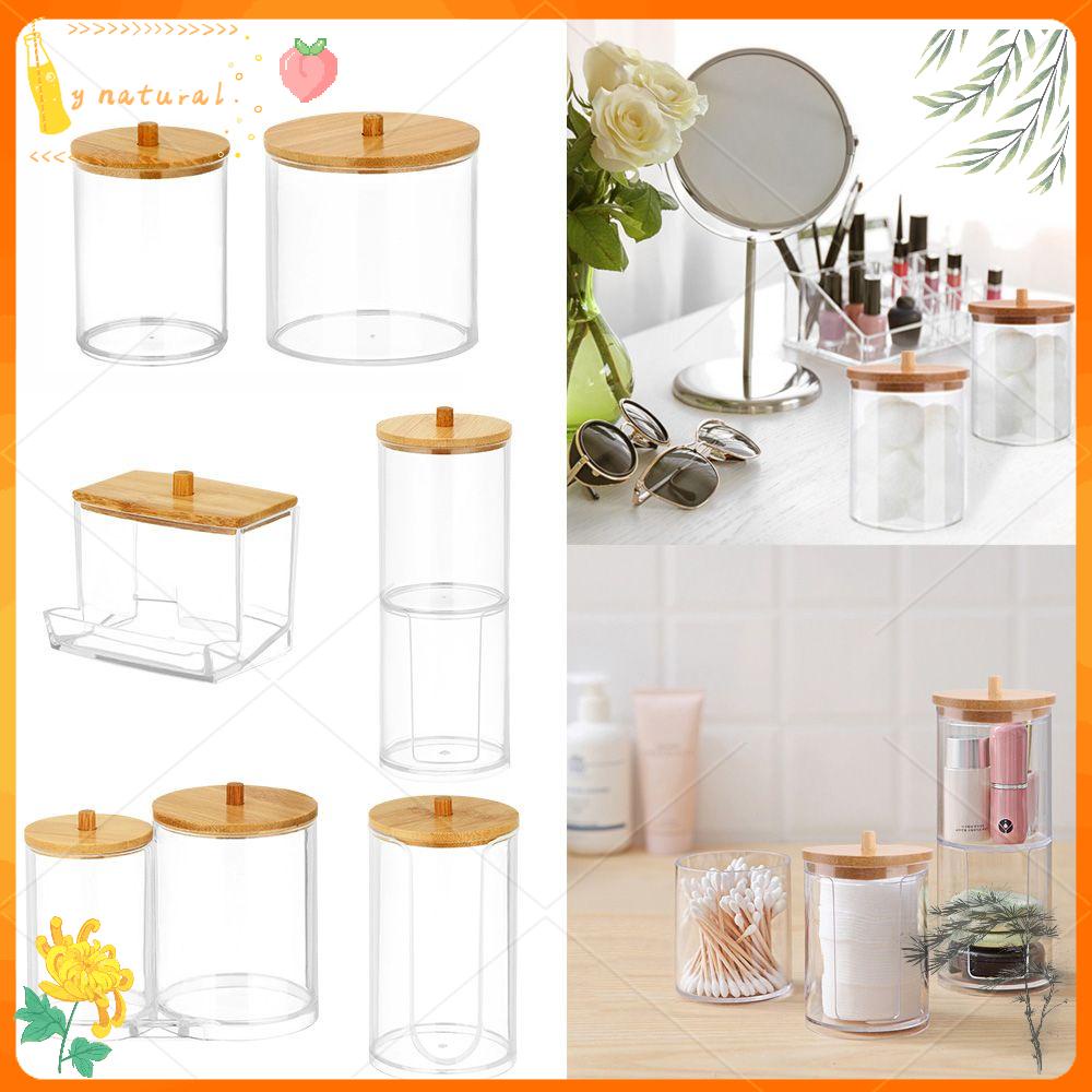 Hộp Đựng Tăm Bông/Bông Tẩy Trang Bằng Acrylic Trong Suốt Chống Bụi Đa Năng Có Nắp Tre