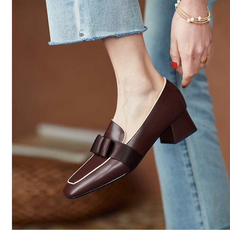 Giày cao gót da mũi vuông đính nơ nhỏ phong cách Anh Quốc retro thời trang mùa xuân mới dành cho nữ