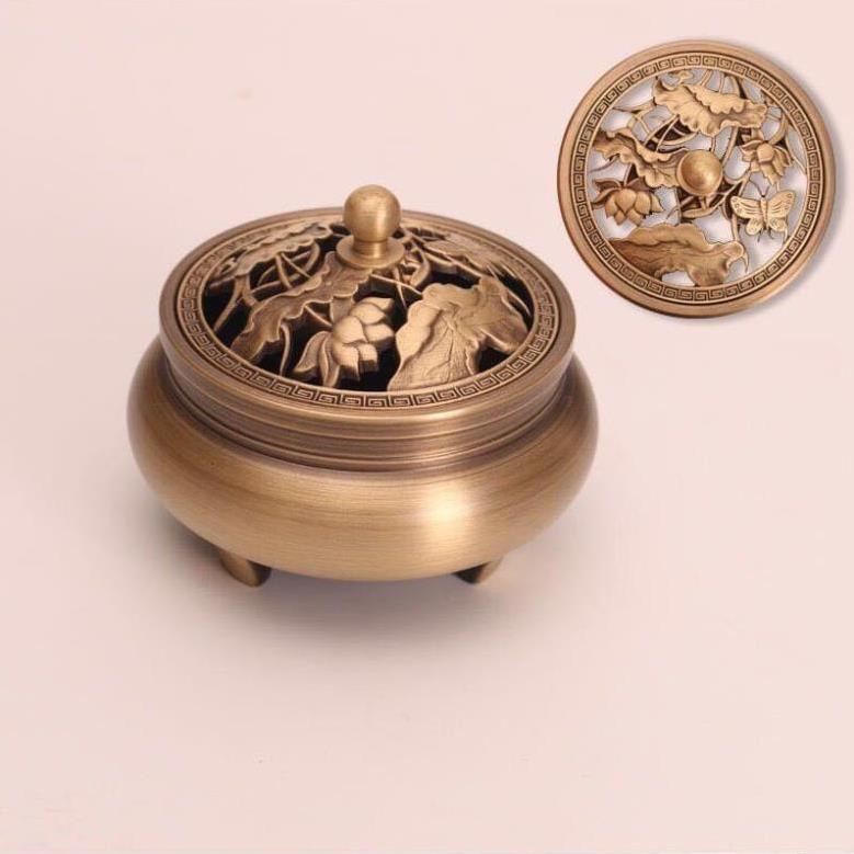 Lư Xông Trầm Hương Đỉnh Đốt Nhang Bằng Đồng Đúc Nguyên Khối Tinh Xảo Tặng Trụ Đống Và Lót Chống Cháy