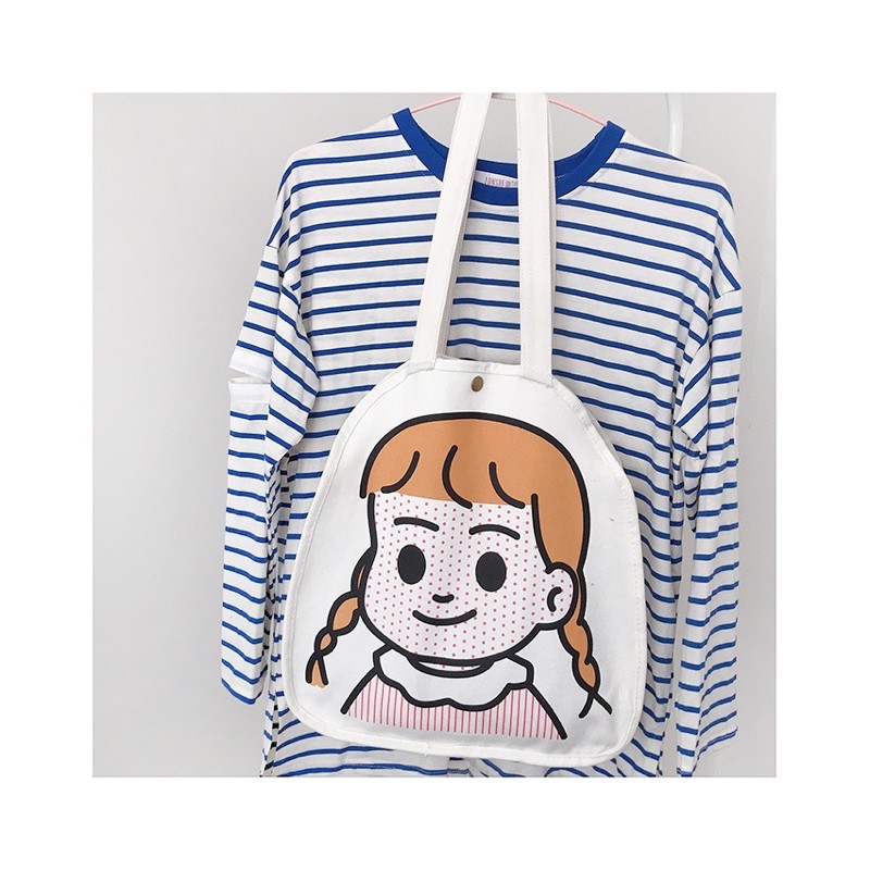 Túi tote túi vải canvas dáng tròn hình cô bé đáng yêu kèm ảnh thật