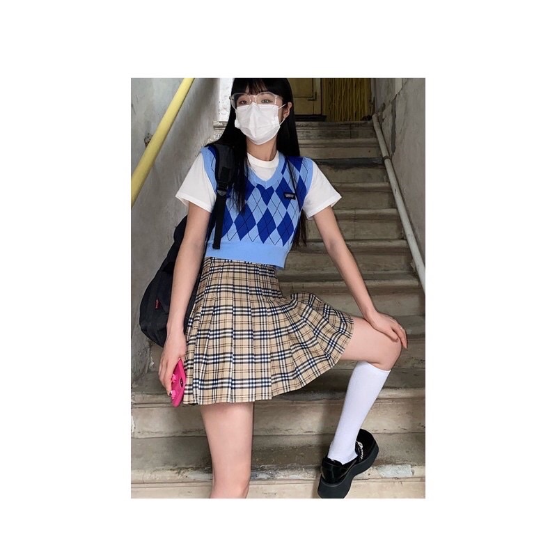 Áo Gile Len Cộc Tay Dáng Croptop Kẻ Vuông Cực Xinh