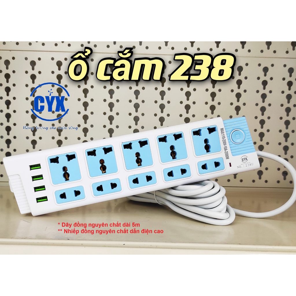Ổ Cắm điện CYX 238, 4 USB Sạc, 10 ổ, 2500W  Dây 5M Lõi Đồng