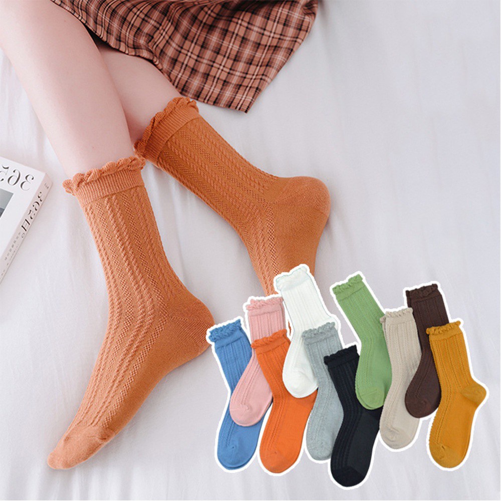 Đôi Vớ Cotton Phối Ren Thời Trang Thu Đông Nhiều Màu Dành Cho Nữ