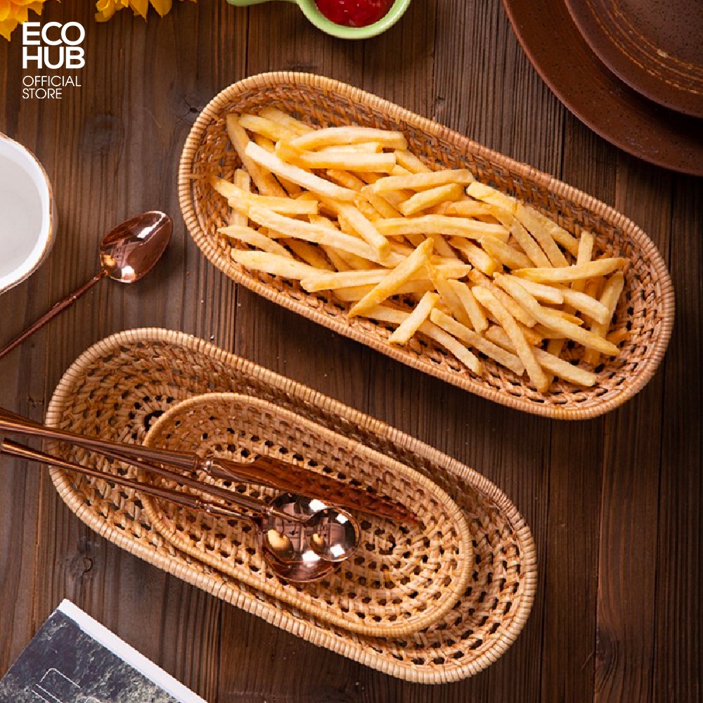 Khay mây đựng bánh mì, bánh kẹo, hoa quả, ECOHUB Hàng thủ công (2 Size)