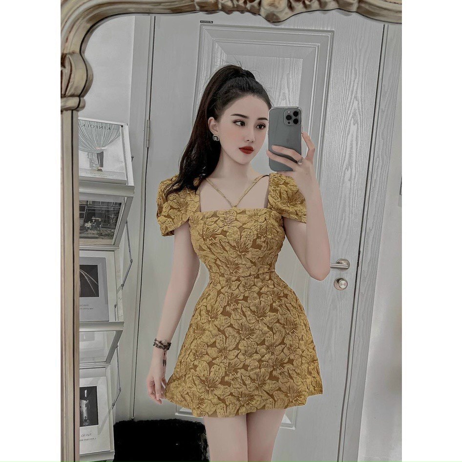 Đầm đi tiệc vải gấm hoa nổi, đầm tiểu thư tay phồng mặc đi đám cưới, váy chữ A vải gấm đi tiệc, váy cổ yếm tay phồng hoa