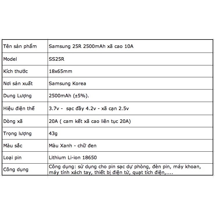 Pin sạc 18650 Samsung 25R 2500mah xã cực cao 20A mới 100% chuyên cho khoan, thiết bị cầm tay